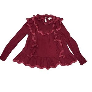 Böhme Boho Maroon Ruffle Long Sleeve Blouse Smocked Cuffs & Scalloped Trim XS